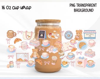 Coquette Coffee Cup Wrap PNG, 16oz Libbey Can Glass Design, Cute Aesthetic wrap design, Soft Girl Coffee Lover Digital Download