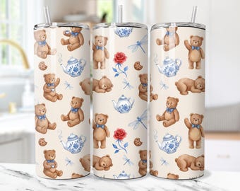 Teddy Bear tea party tumbler wrap design, Vintage coquette Bear 20oz tumbler sublimation design, Blue Floral Tea Aesthetic pattern