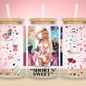 Sabrina Carpenter inspirierte Libbey Glasdose png, SC kurze und süße 16 Unzen Becher Kaffeeglas PNG Download, Espresso inspirierte Wrap Vorlage