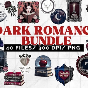 Puede incluir: Un conjunto de gr&aacute;ficos digitales con tem&aacute;tica de romance oscuro. La imagen presenta varias ilustraciones, incluyendo un cuervo en una luna creciente, una mujer leyendo, rosas y el texto "Dark Romance Bundle".