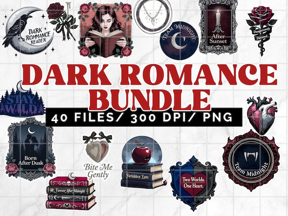 Dark Romance Clipart Bundle PNG, Gothic Bookish Graphics Pack, Aesthetic Clip Art, Dark Academia Sublimation Files