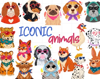 Iconic Animals Clipart Bundle PNG, Trendy Animal Portraits, Dog Cat Fox Leopard Goose Art for Sublimation, Stylish Pets and Wildlife Clipart