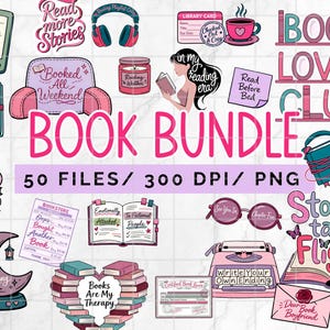 May include: A digital graphic bundle with a book theme. The image includes illustrations of books, reading accessories, and text such as "Book Lover Club" and "Read More Stories". The color palette is primarily pink, teal, and purple.