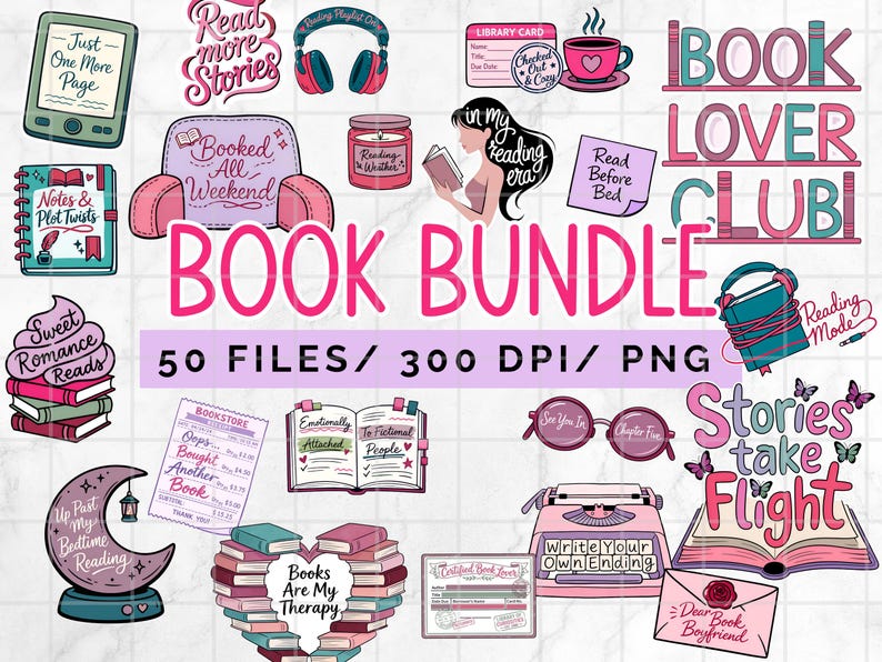 May include: A digital graphic bundle with a book theme. The image includes illustrations of books, reading accessories, and text such as "Book Lover Club" and "Read More Stories". The color palette is primarily pink, teal, and purple.