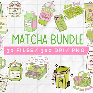 Puede incluir: Una colecci&oacute;n de ilustraciones con tem&aacute;tica de matcha, que incluye un bolso con el texto "Matcha Girl", una taza verde con "Green Girl Energy" y un peri&oacute;dico con "Breaking News: You Need Matcha". Otros elementos incluyen un latte de matcha, una m&aacute;quina de escribir y una cesta de picnic.