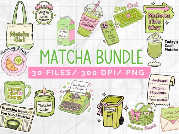 Matcha Girl Clipart Bundle PNG, Aesthetic Coffee Graphics Pack, Green tea Girl Sublimation Files, Matcha Latte Girly Sticker