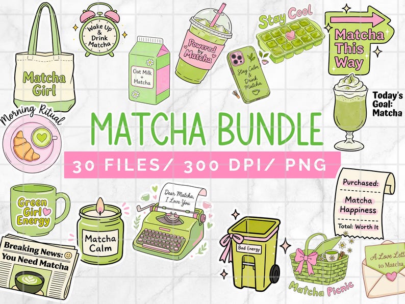 Puede incluir: Una colecci&oacute;n de ilustraciones con tem&aacute;tica de matcha, que incluye un bolso con el texto "Matcha Girl", una taza verde con "Green Girl Energy" y un peri&oacute;dico con "Breaking News: You Need Matcha". Otros elementos incluyen un latte de matcha, una m&aacute;quina de escribir y una cesta de picnic.