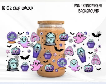 Halloween gilry 16oz Can Glass Wrap PNG,  Spooky Cute Digital Wrap, Ghost and Graveyard Halloween Libbey Can Sublimation & UV DTF Design