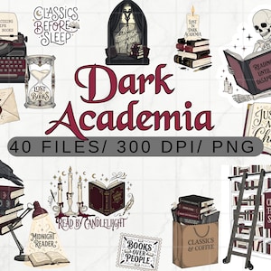 Op de afbeelding: Een digitale kunstcollectie met een dark academia-thema. De afbeelding bevat illustraties van boeken, een typemachine, een raaf, een lezend skelet, kaarsen en de tekst "Dark Academia". Bevat 40 bestanden met 300 DPI in PNG-formaat.