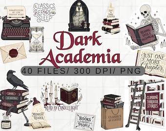 Paquete de imágenes prediseñadas de estilo Dark Academia en formato PNG, gráficos góticos para amantes de los libros, paquete de imágenes prediseñadas de lectores vintage, calavera lectora, decoración estilo Academia.