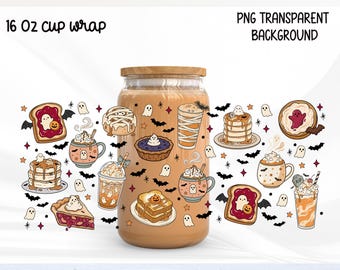 Halloween Food Glass Can Wrap PNG, Spooky Coffee Libbey Cup Wrap, Cute Ghost Treats png, Halloween Breakfast PNG, Fall Drink Cup