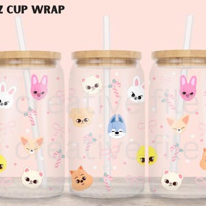 Cartone animato Stray Kids Libbey lattina di vetro png, Kpop group 16 oz tumbler wrap design uv dtf, SKZ ispirato png wrap template design