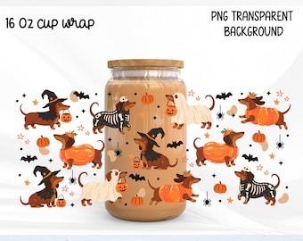 Halloween Dachshund Glass Can Wrap PNG 16oz, Spooky Wiener Dog Libbey Cup Wrap, Pumpkin Dog, Cute Halloween Ghost Dog Design