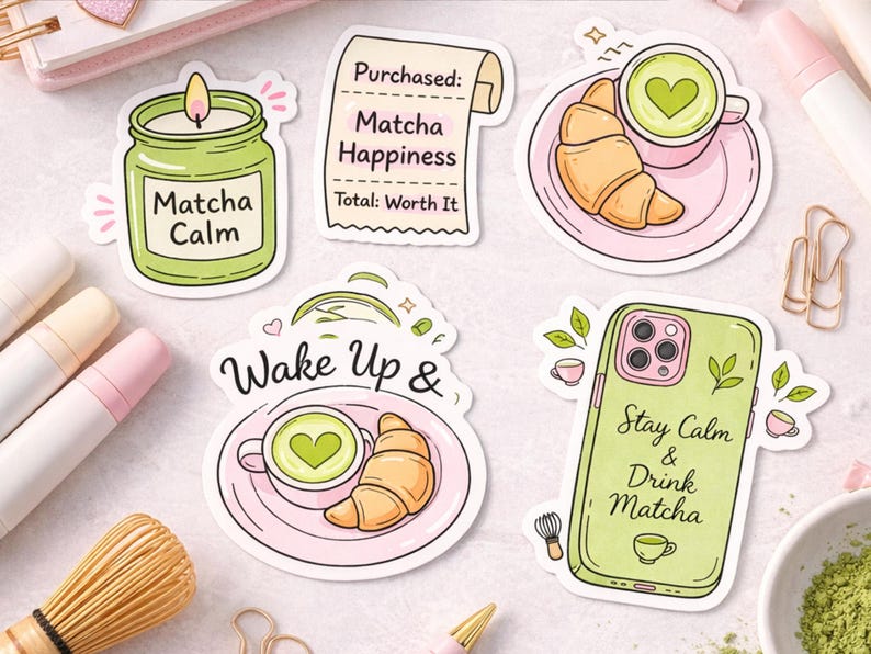 Puede incluir: Una colecci&oacute;n de pegatinas con tem&aacute;tica de matcha. Los dise&ntilde;os incluyen una vela con la etiqueta "Matcha Calm", un recibo, un cruas&aacute;n y una bebida de matcha, y una funda de tel&eacute;fono con el texto "Stay Calm & Drink Matcha".