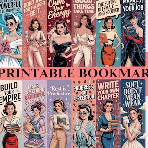 Op de afbeelding: Set van 15 printbare bladwijzers met retro-stijl illustraties van vrouwen met inspirerende citaten. De bladwijzers hebben een vintage esthetiek met een kleurenpalet van roze, rood en beige. Elke bladwijzer heeft een uniek ontwerp en boodschap.
