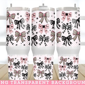 May include: A white travel mug with a handle, featuring a repeating pattern of pink, black, and grey bows, bats, and skulls. The design includes a dotted background and stars. The text "PNG TRANSPARENT BACKGROUND" is at the bottom.