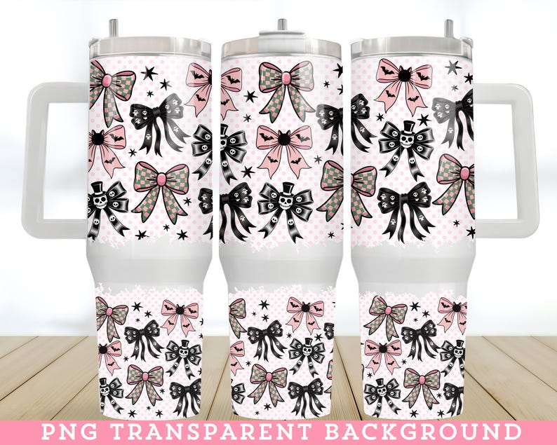 May include: A white travel mug with a handle, featuring a repeating pattern of pink, black, and grey bows, bats, and skulls. The design includes a dotted background and stars. The text "PNG TRANSPARENT BACKGROUND" is at the bottom.