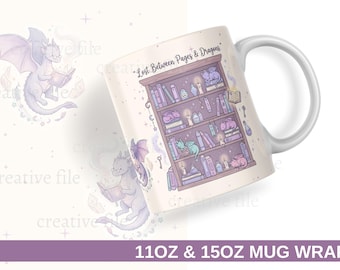 Dragon Bookshelf Mug Wrap PNG, 11oz 15oz Fantasy Mug Sublimation Design, Lost Between Pages and Dragons, Book Lover Gift