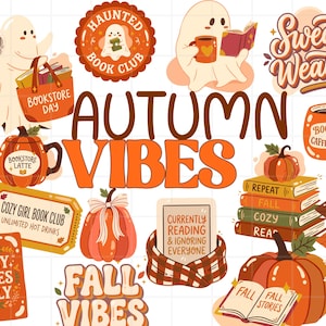 Può includere: Una collezione di illustrazioni digitali a tema autunnale con fantasmi, zucche, pile di libri e tazze con testo che include "Books & Brews", "Haunted Book Club", "Sweater Weather", "Autumn Vibes", "Bookstore Latte" e "Cozy Vibes Only".