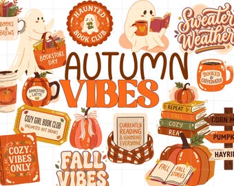 Autumn Vibes Clipart Bundle PNG, Cozy Fall Bookish Clipart, Pumpkin Spice Coffee, Cozy Autumn Clipart, Bookish Fall png, Pumpkin Patch