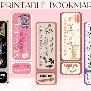 Book Club Ticket desing Printable Bookmarks Bundle, 10 PNG  Aesthetic Book Club-Themed Bookmarks, Free printable Book Review included