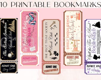 Book Club Ticket desing Printable Bookmarks Bundle, 10 PNG  Aesthetic Book Club-Themed Bookmarks, Free printable Book Review included