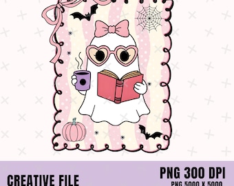 Coquette Ghost PNG, Ghost Reading, Book lover ghost Halloween Sublimation Design, Bookish Ghost, Spooky Book Lover