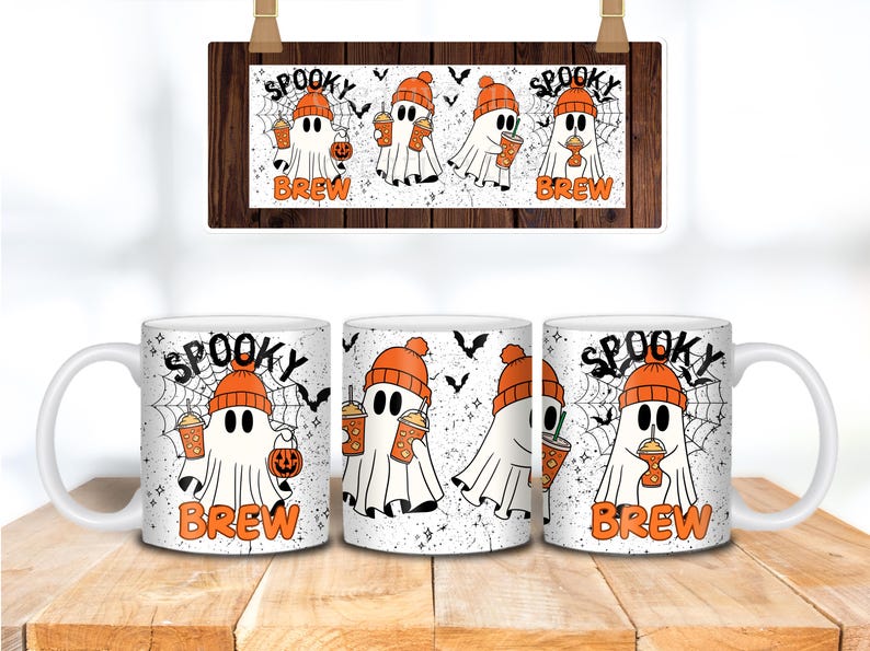 May include: White ceramic mugs with a Halloween-themed design. Each mug features a cartoon ghost wearing an orange beanie and holding a pumpkin or a beverage. The words "Spooky Brew" are printed on the mugs.