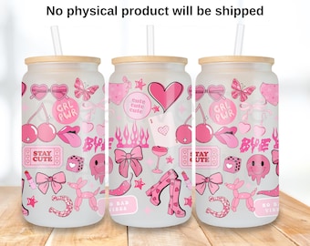 Pink Cherry Y2K pattern 16oz Can Glass  wrap png, No Bad Vibes Pink coquette Libbey 16oz cup  PNG files , Messy Coquette Coffee mug Template