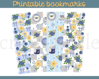 Blueberry Bookmarks, Cottagecore printable Reading Gift, Floral Book Lover Gift, Blue Floral Bookmark