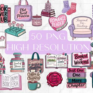 May include: A collection of illustrated graphics with a book theme. Includes stacks of books, a reading chair, coffee cup, tote bag, and text such as "Book Lover Club", "Romance Reader", and "Fantasy is Home".