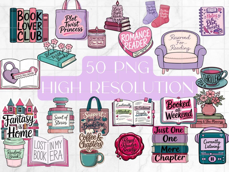 May include: A collection of illustrated graphics with a book theme. Includes stacks of books, a reading chair, coffee cup, tote bag, and text such as "Book Lover Club", "Romance Reader", and "Fantasy is Home".