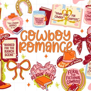 Puede incluir: Una colección de ilustraciones coloridas que incluyen botas de vaquero, sombreros, herraduras, libros y tazas de café con texto que incluye "Mentally on a ranch", "Booked for the ranch scene", "Readin' dirty" y "Cowboy Romance".