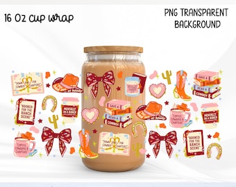 Cowboy Romance Glass Can Wrap PNG, BookTok Western Cowgirl Cup, Cowboys and Chapters, Western Romance Book Lover, Cowgirl Bookish Cup