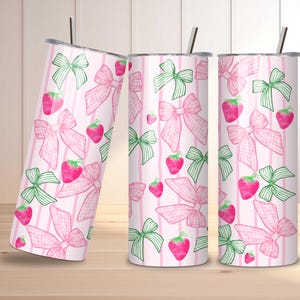 Starwberry Coquette design 20 oz Tumbler wrap, Preppy girly sublimation design, Strawberry and bows skinny tumbler design image 6