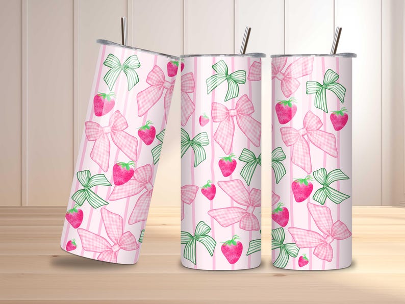 Starwberry Coquette design 20 oz Tumbler wrap, Preppy girly sublimation design, Strawberry and bows skinny tumbler design image 6