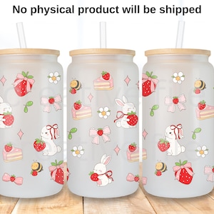 Strawberry Bunny Coquette Libbey glass can png, Spring Coquette 16 oz tumbler wrap design uv dtf,Cute Strawberries  pattern Coffee Can Glass