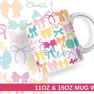 Colorful Coquette mug wrap, Girly bows sublimation design 11 oz and 15oz wrap, Preppy Girly Coffee Cup PNG design