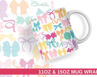 Bunte Kokette Becherverpackung, Girly Bögen Sublimationsdesign 11 Unze und 15 Unze Verpackung, Preppy Girly Kaffeetasse PNG Design