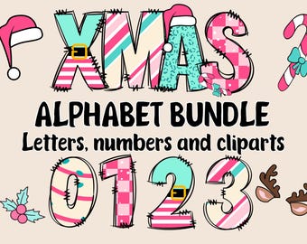 Xmas Alphabet PNG Bundle, Christmas Letters Numbers Clipart Set, Doodle Holiday Alphabet Bundle, Printable Christmas Letters and Numbers