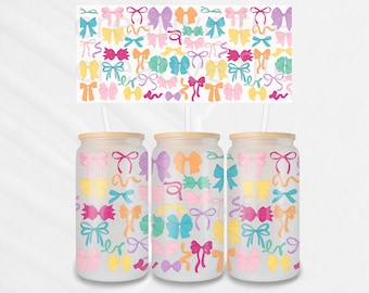 Coquette Bow PNG Wrap, 16oz Libbey Can Glass Colorful Ribbons Wrap, Cute Aesthetic Girly Sublimation & UV DTF Design