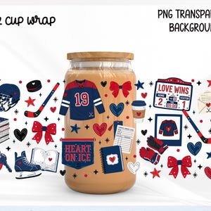 May include: A 16 oz cup wrap design featuring hockey-themed illustrations in red, navy blue, and white. Elements include a jersey with number 19, a scoreboard reading LOVE WINS, hockey sticks, skates, hearts, bows, books, and a library card.