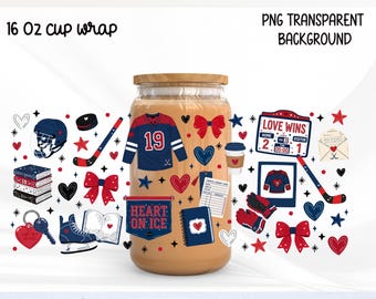Hockey Romance Glass Can Wrap PNG, Heart On Ice Libbey Cup Wrap, Sports Romance Bookish Cup Design, Hockey Romance Book Club
