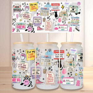 May include: Three frosted glass tumblers with bamboo lids and straws, featuring a colorful collage of retro-style graphics, including a typewriter, computer monitors, a camera, and various humorous text phrases like Per my last nerve and Error 404.