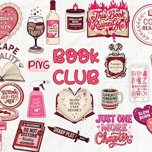 May include: A collection of pink and red book-themed graphics, including hearts, books, wine, and a popcorn container. Text includes "Enemies to Lovers," "Cozy Reading Club," and "Just One More Chapter."
