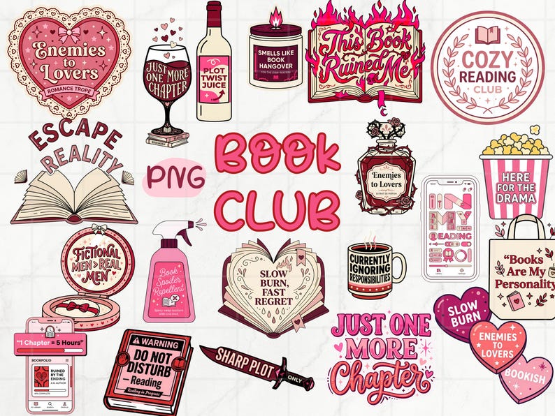 May include: A collection of pink and red book-themed graphics, including hearts, books, wine, and a popcorn container. Text includes "Enemies to Lovers," "Cozy Reading Club," and "Just One More Chapter."