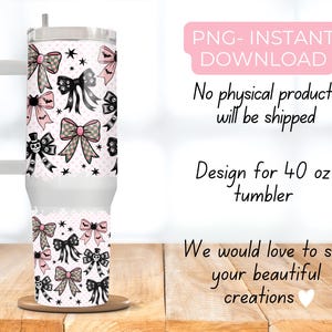 May include: A white 1183 ml tumbler with a handle, decorated with pink, black, and grey bows, bats, and skull designs. The tumbler has the text "PNG - INSTANT DOWNLOAD" and "Design for 40 oz tumbler".