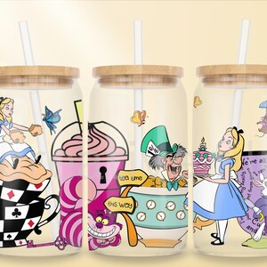 Tazza da caffè ispirata al Paese delle Meraviglie, tazza da caffè Alice Libbey Can Glass Wrap, tazza da caffè con simpatico coniglio, design fantasy wrap da 16 once