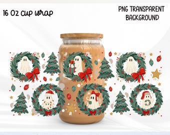 Christmas Ghost Wreath Glass Can Wrap PNG 16oz, Spooky Christmas Libbey Cup Wrap, Cute Holiday Ghost Sublimation, Festive Wreath Design