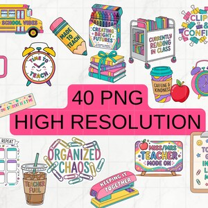 May include: A collection of colorful back-to-school themed PNG graphics. Includes a school bus, pencil, alarm clock, coffee cups, books, and the text "Back to School Vibes", "Time to Teach", and "High Resolution".